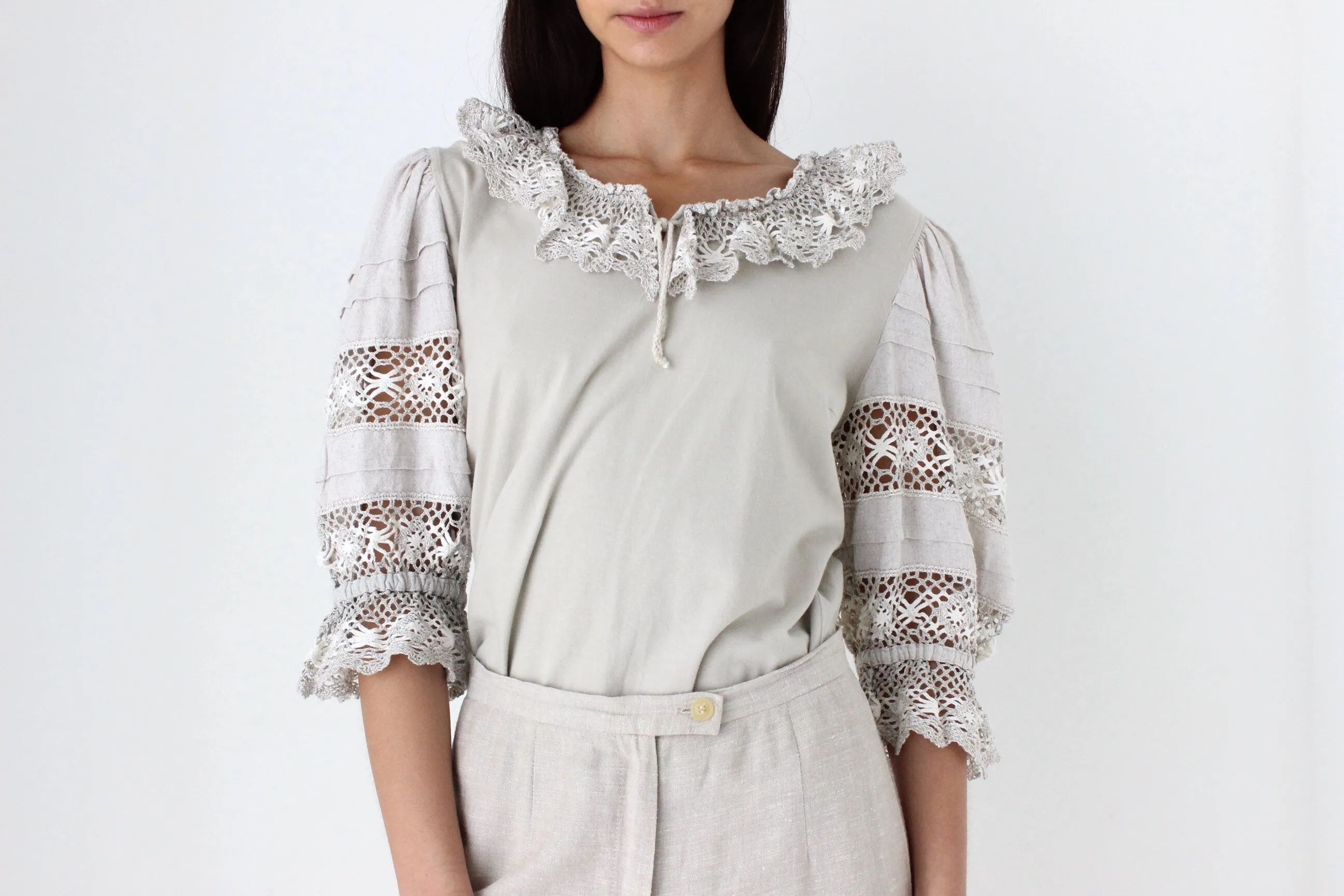 90s Detailed Cotton Folk Puff Sleeve Top
