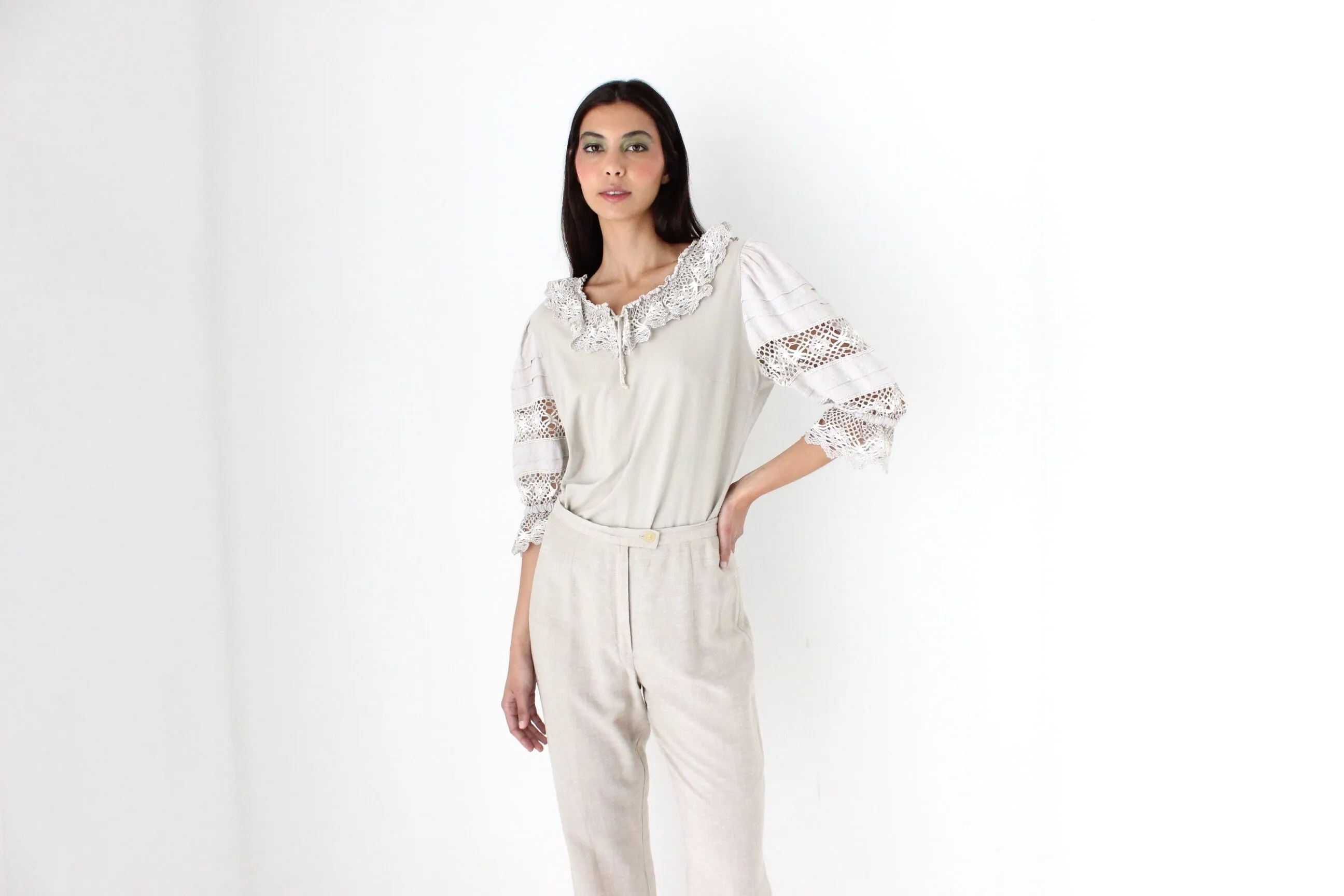 90s Detailed Cotton Folk Puff Sleeve Top
