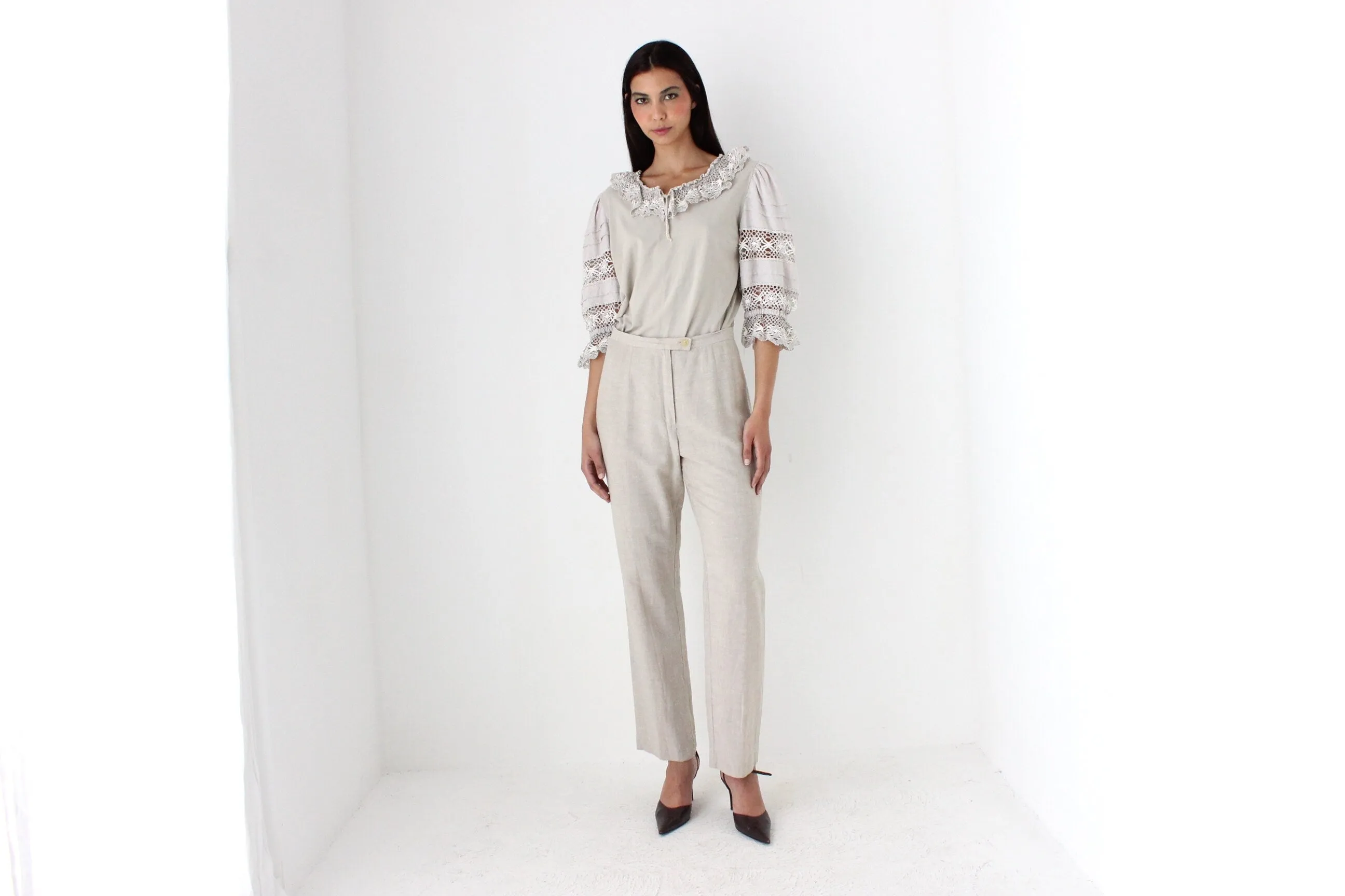90s Detailed Cotton Folk Puff Sleeve Top