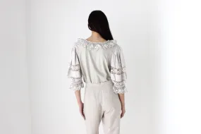 90s Detailed Cotton Folk Puff Sleeve Top