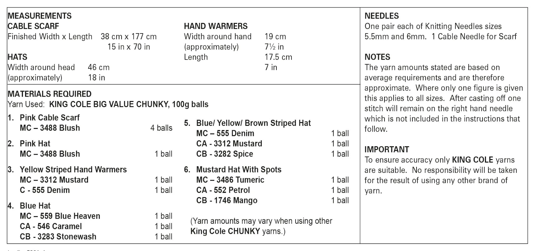 King Cole Chunky Knitting Pattern - Ladies Scarf Hand Warmers & Hats (5861)