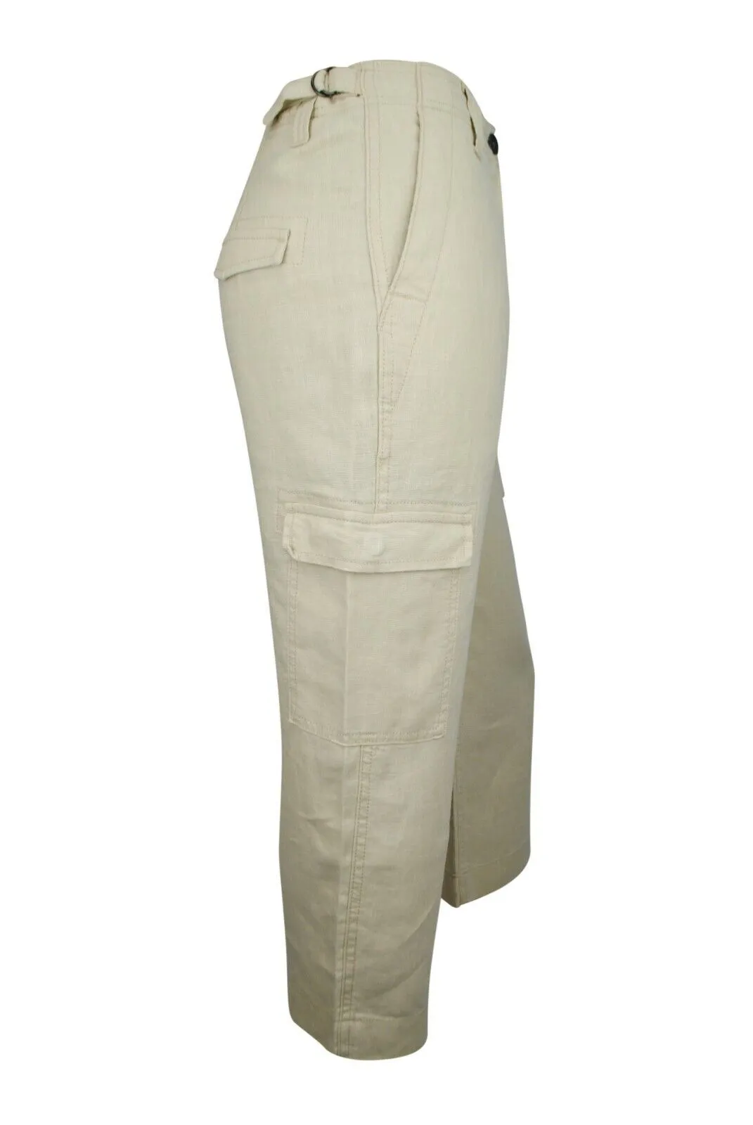 Ladies Beige Linen Cargo Carpri Crop Adjustable Waist Trousers