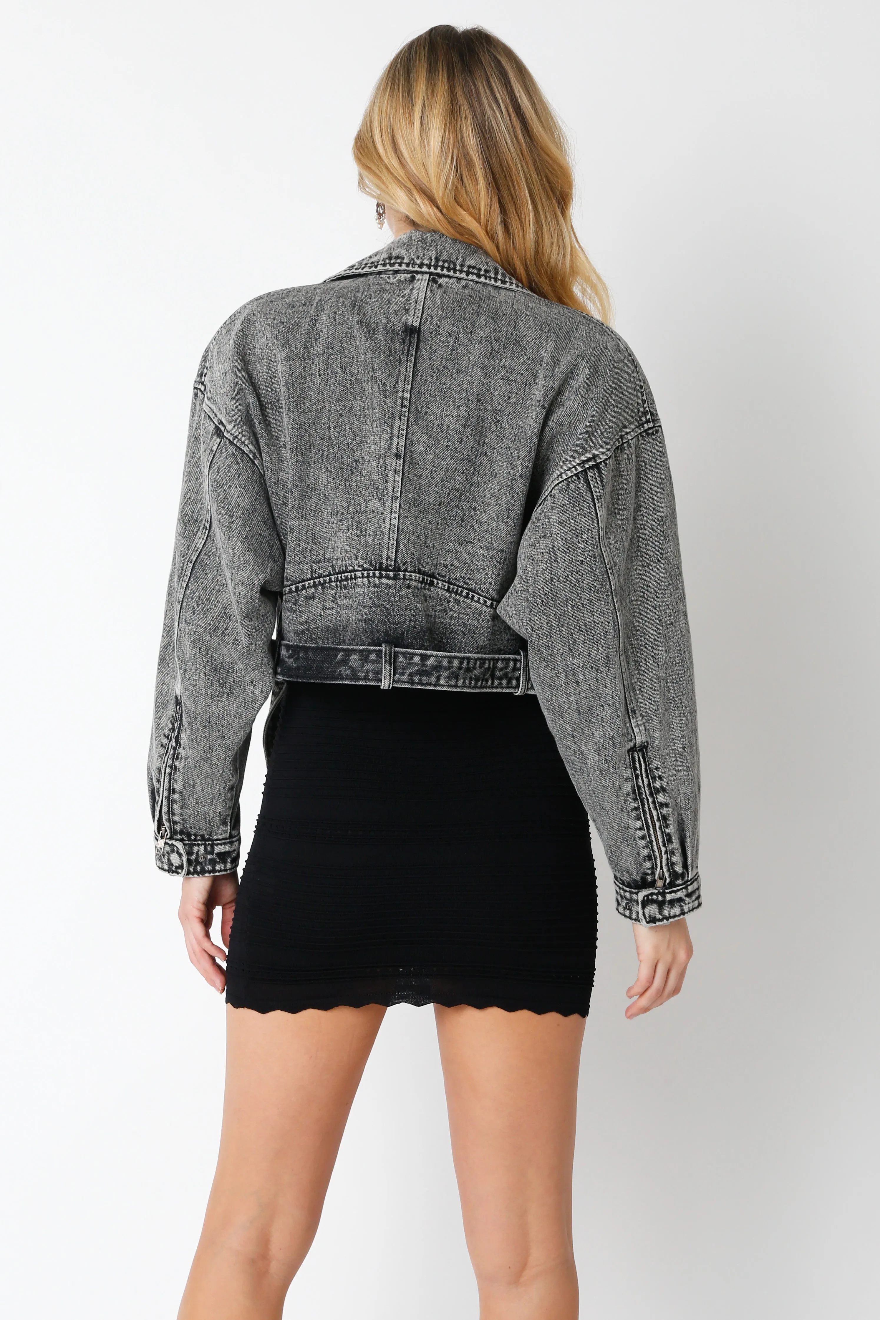 Pamela Acid Wash Denim Crop Moto Jacket - Black/Grey