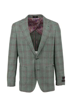 Sage Green with Wine Windowpane Dolcetto/THP Modern Fit half lined, Pure Wool Jacket by Tiglio Luxe